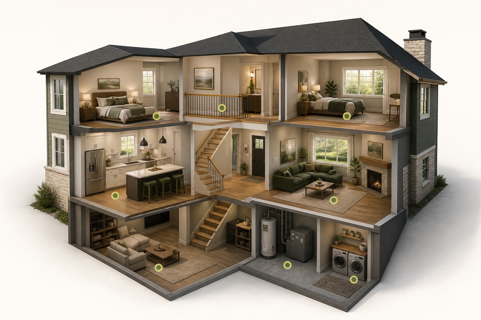 Illustrated 3D cutaway of a furnished two-story home with a basement and navigation points in several rooms.