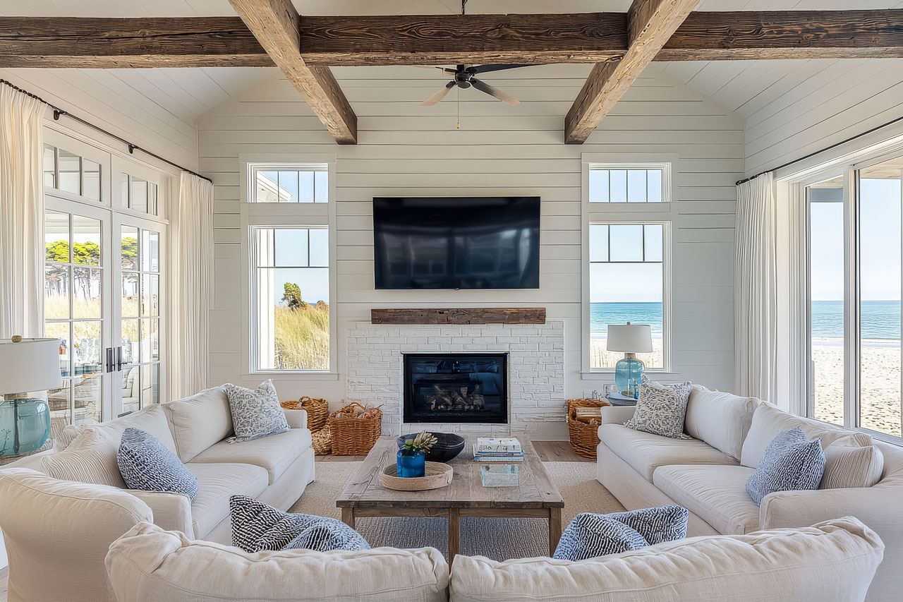 A bright living room with a fireplace, built-in seating, and views through the windows.