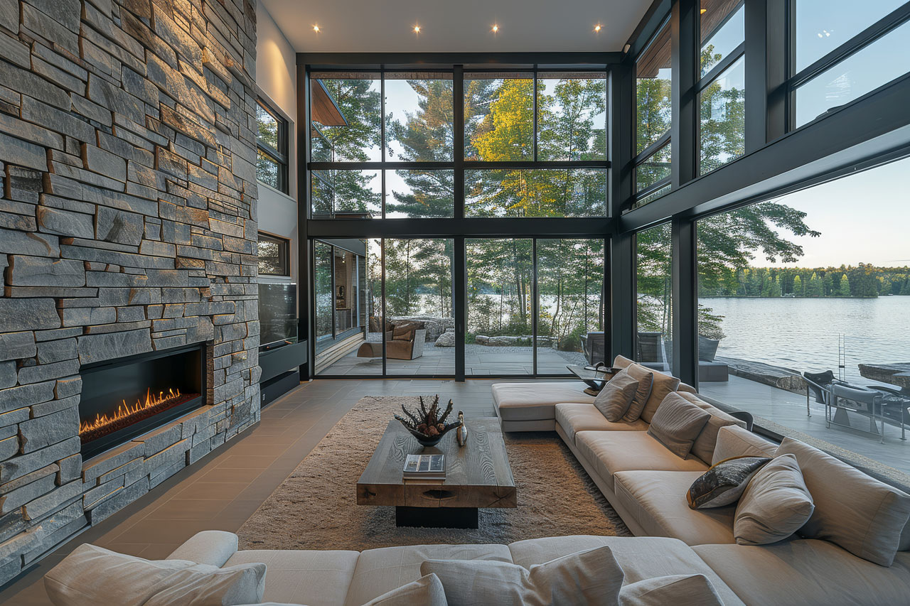 A bright lake home living room with a stone fireplace, expansive windows, and a view of the water.